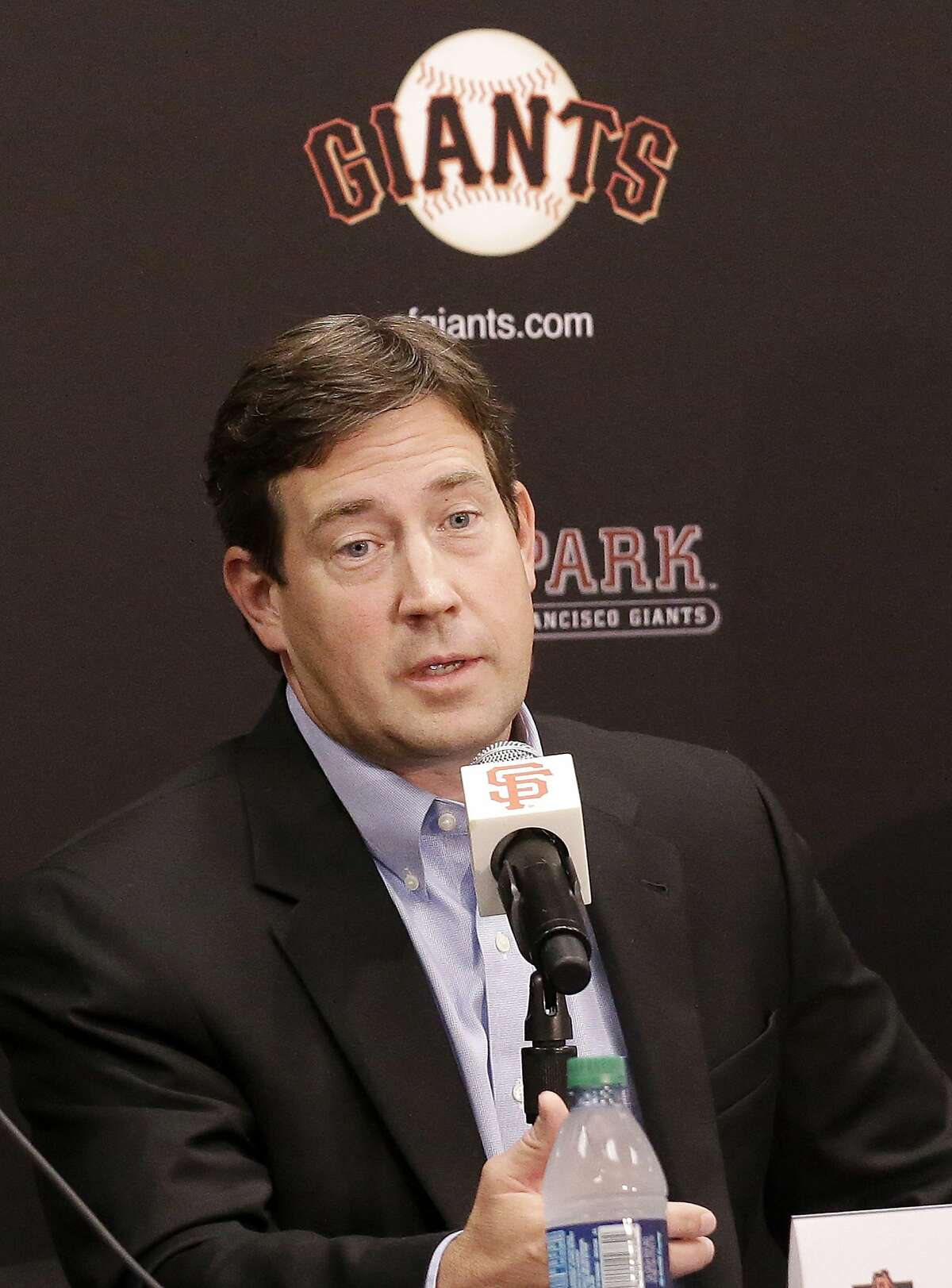 San Francisco Giants vice president and general manager Bobby Evans speaks at a news conference in San Francisco, Monday, Oct. 5, 2015. (AP Photo/Jeff Chiu)