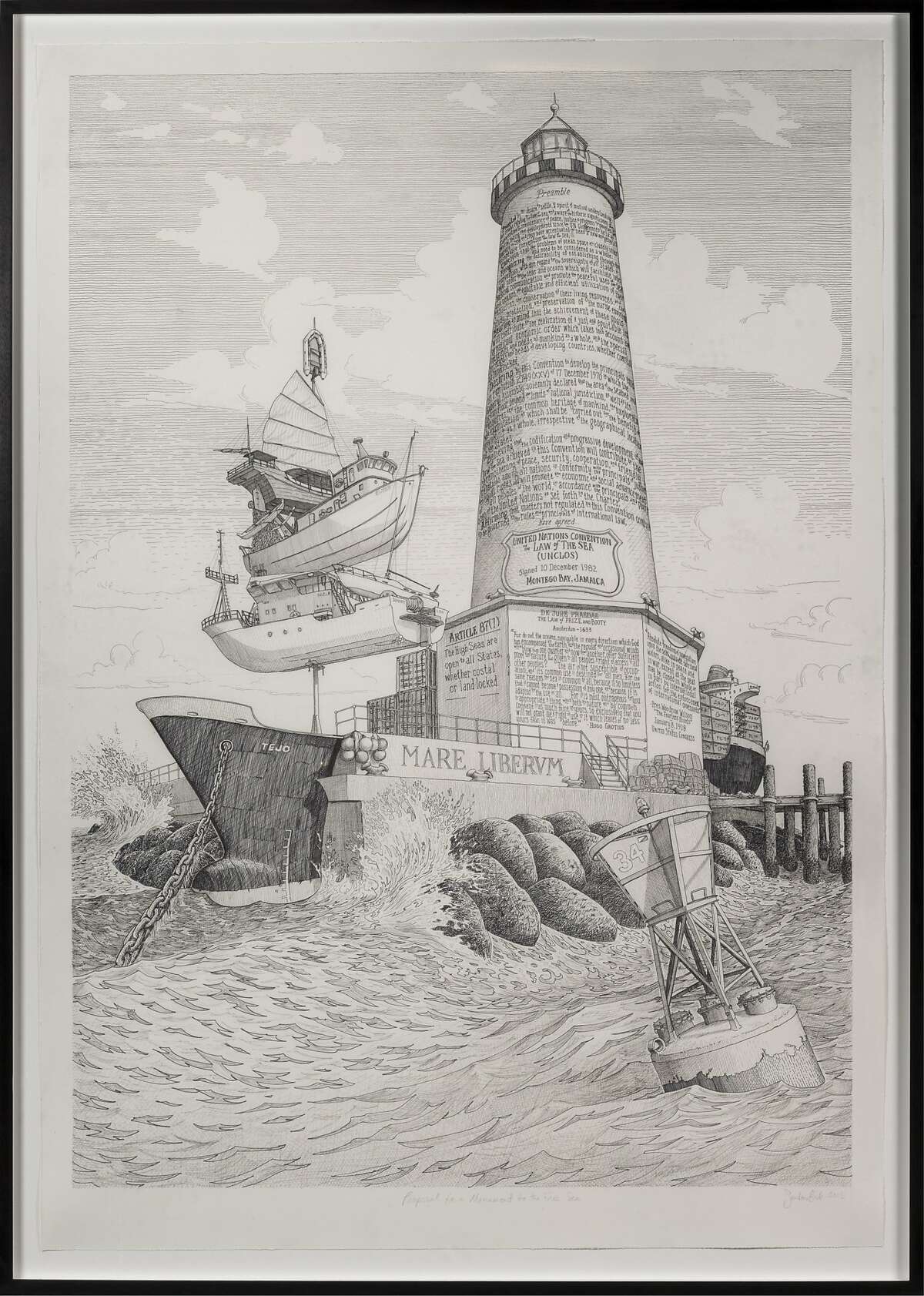 Sandow Birk's 60-by-42-inch ink on paper work "Proposal for a Monument to the Free Sea" (2015) is on display in "Sandow Birk: Imaginary Monuments" through Jan. 2 at Catharine Clark Gallery. Credit: Catharine Clark Gallery, San Francisco