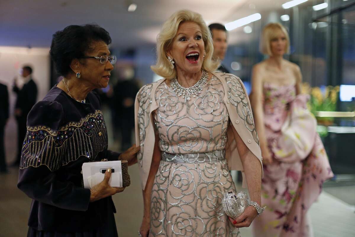 Dede Wilsey, president of the Board of Trustees of the Fine Arts Museums of San Francisco, and Belva Davis (left) before 10th anniversary gala at de Young Museum in San Francisco in October.