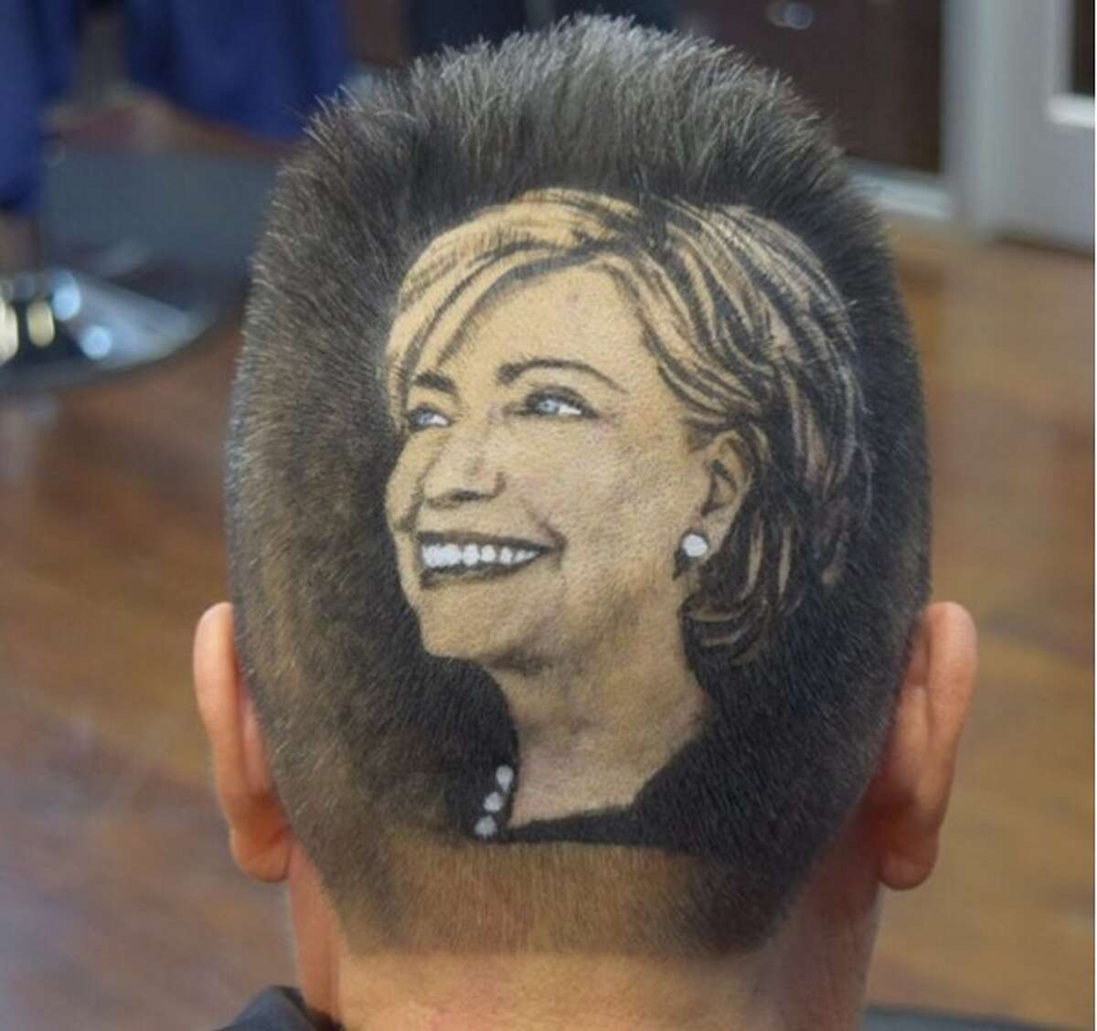 Hillary Clinton's face was shaved into the back of this San Antonian by Rob the Original on October 14, 2015.