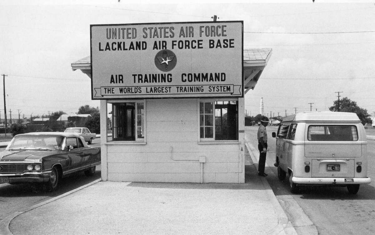 This file photo dated in 1972 shows the gate entrance to Lackland Air Force Base, "the world's largest training system."