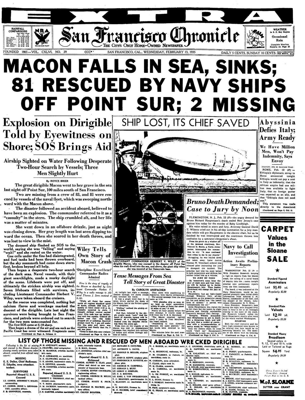 Historic Chronicle front page The Macon, a blimp falls into the Pacific Ocean .. 02/13/1935 chron365