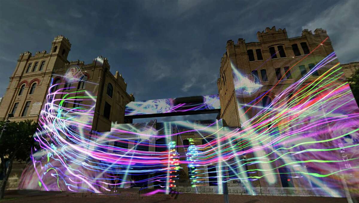 This is a rendering by artist Siyon Jin of his Luminaria project “Flow,” a light projection on the facade of the San Antonio Museum of Art.