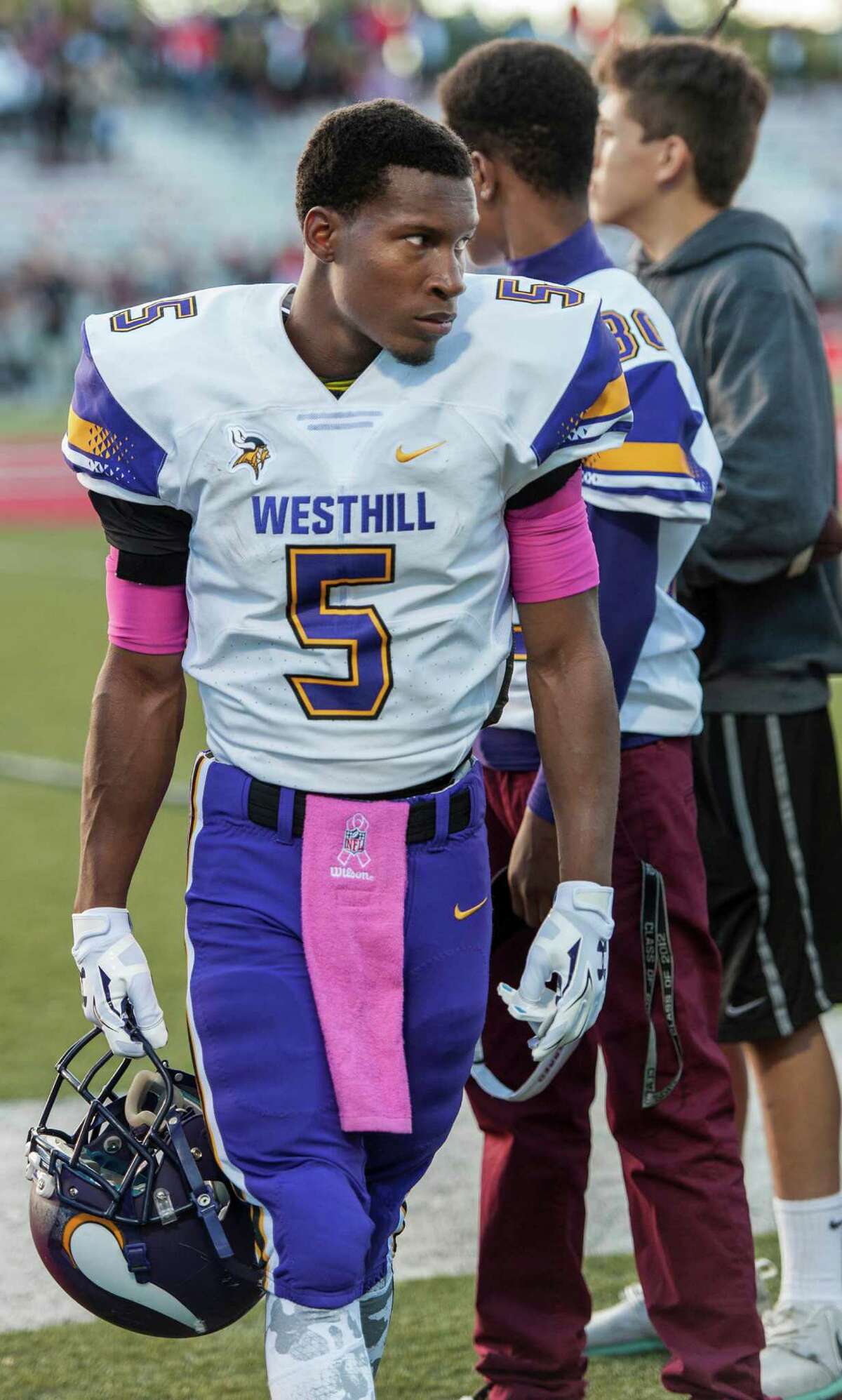 Westhill High Schools Aaron Pettiford on the sidelines prior to a football game against New Canaan High School played at New Canaan High School, New Canaan, CT on Monday, October 5, 2015.