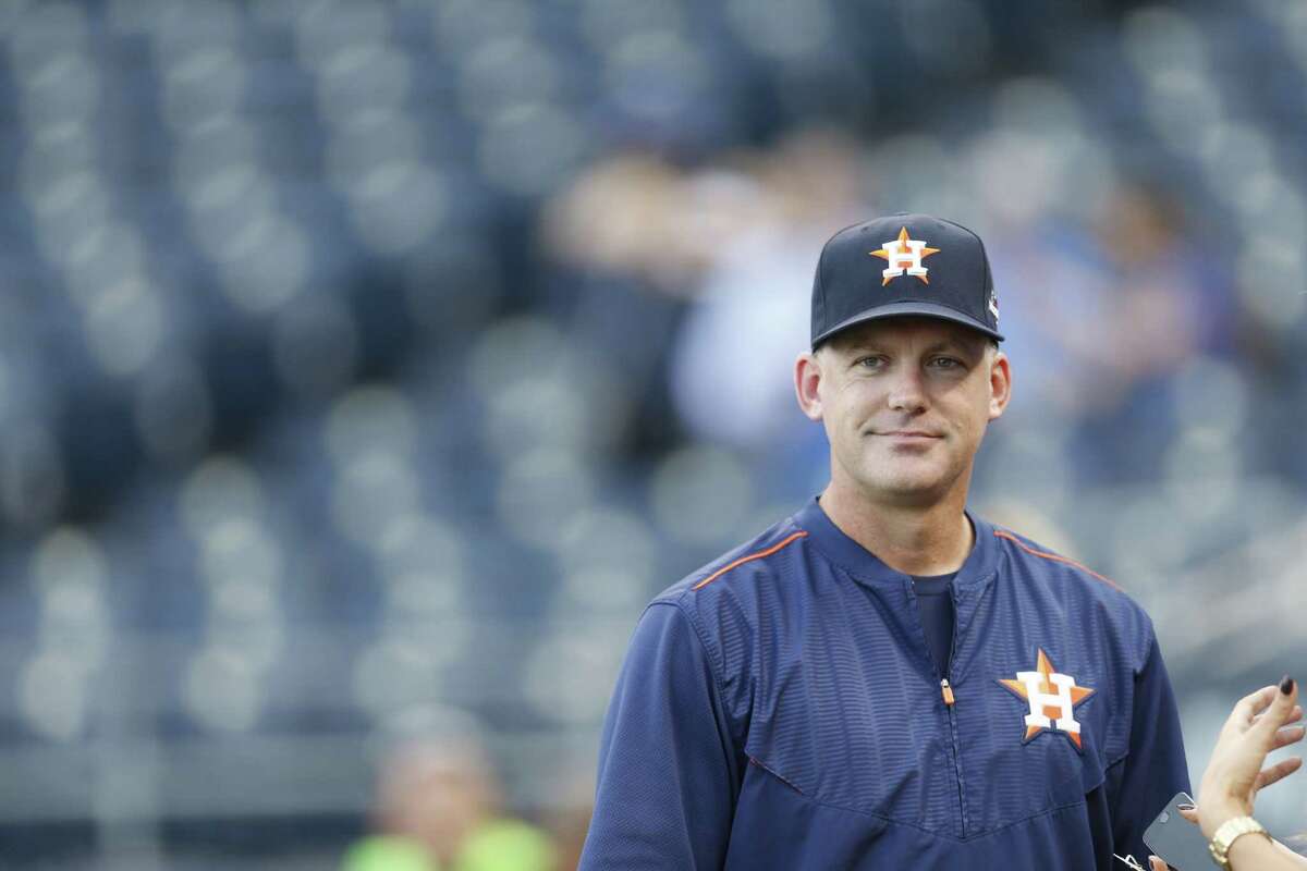 Houston Astros manager A.J. Hinch (14) on the field during batting practice before the start Game One of the American League Division Series at Kauffman Stadium on Thursday, Oct. 8, 2015, in Kansas City. ( Karen Warren / Houston Chronicle )