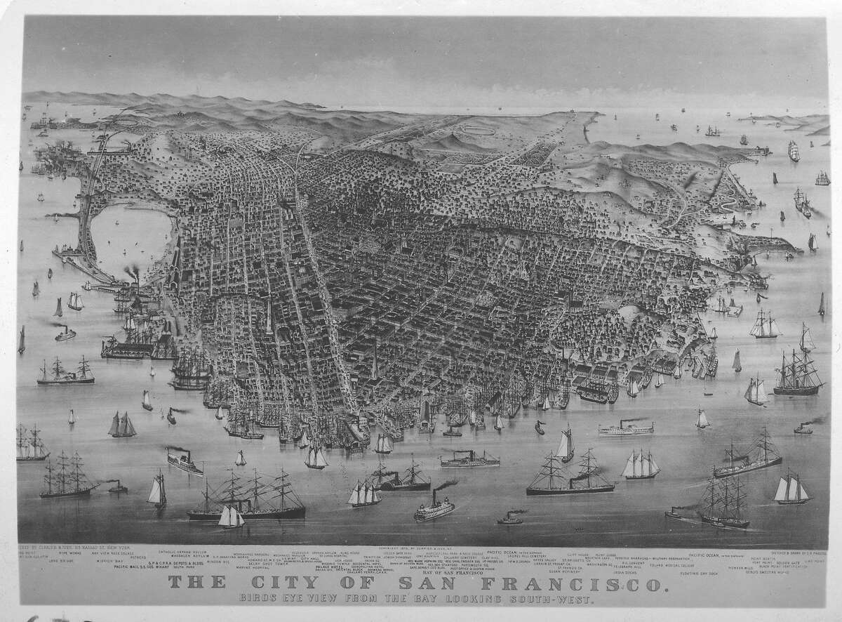 旧金山景观，1878年，柯里尔和艾夫斯。从东南方看城市的景色。