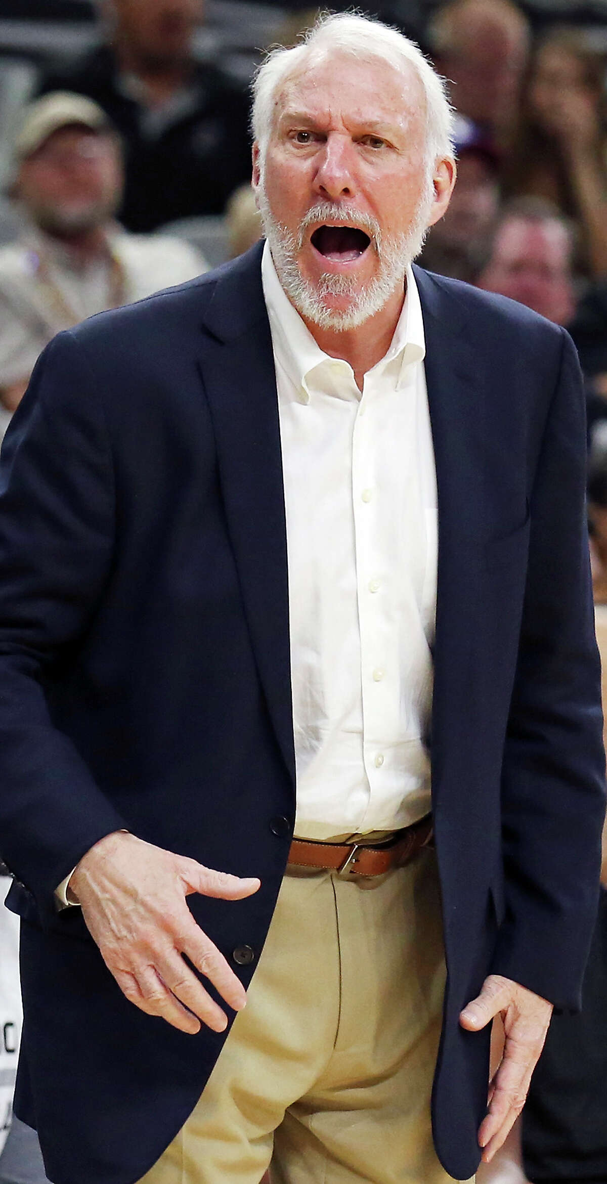 Spurs head coach Gregg Popovich reacts after a play during second half action against the Pistons Sunday Oct. 18, 2015 at the AT&T Center. The Spurs won 96-92.