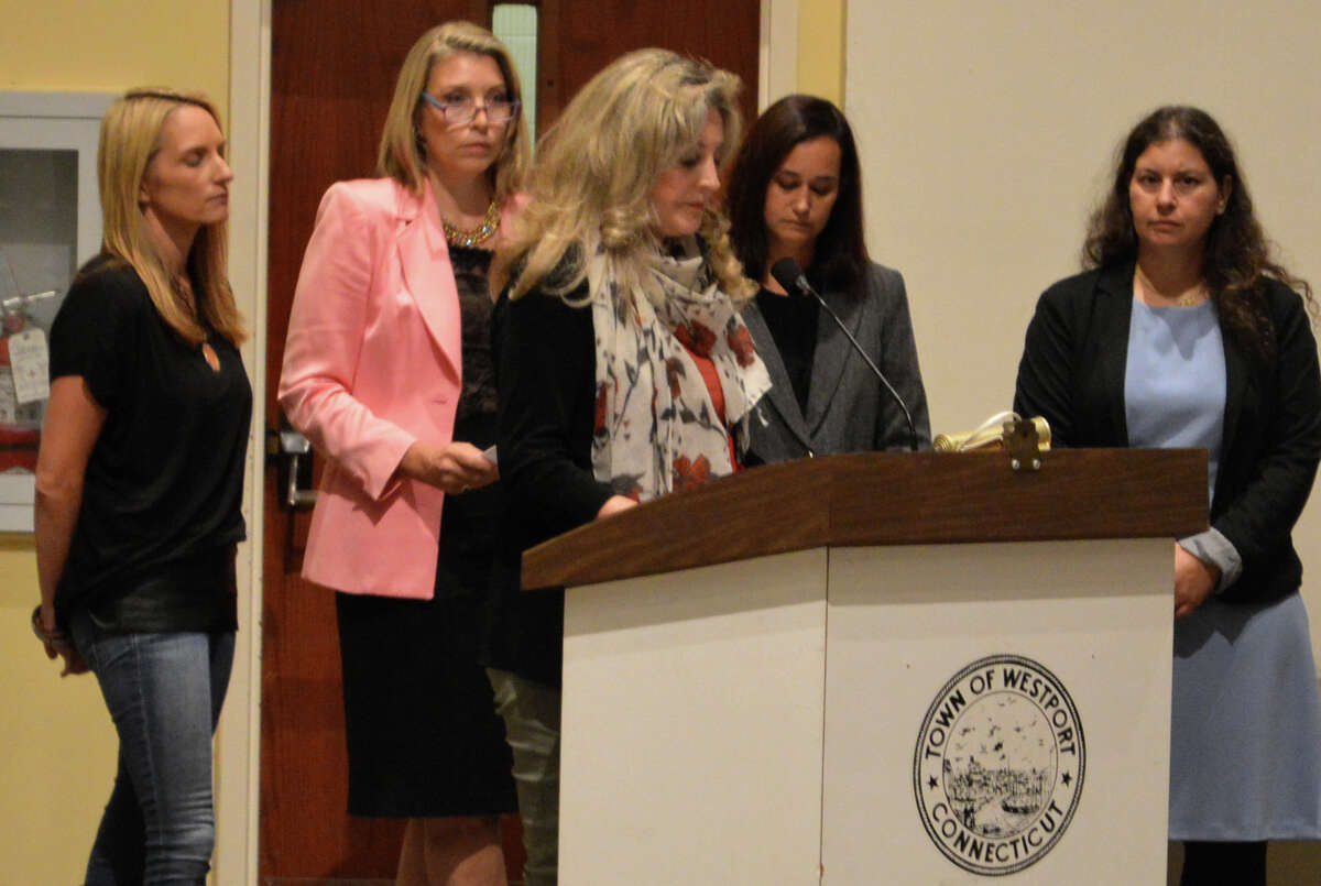 Five members of the Representative Town Meeting have proposed a new ordinance to require competitive bidding on town contracts. Discussing the proposal at a recent RTM session are sponsors Kristan Hamlin, Clarissa Moore, Brandi Briggs, Lauren Karpf and Sylina Levy.
