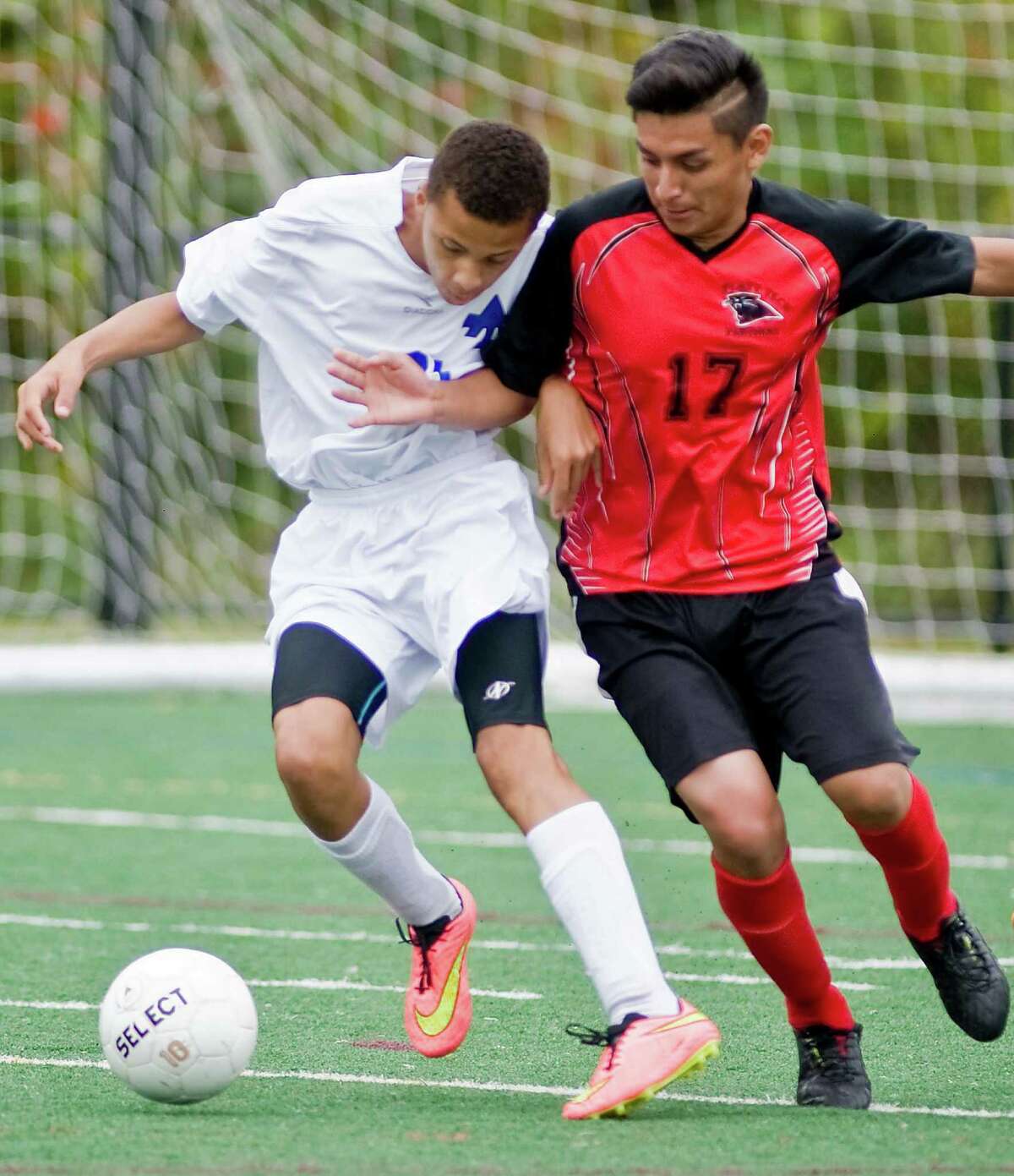 FILE PHOTO: Abbott Tech's Cristiano DaSilva and Platt Tech's Israel Zelocuatecat shove each other during a game at Broadview Middle School in Danbury. Thursday, Sept. 25, 2014