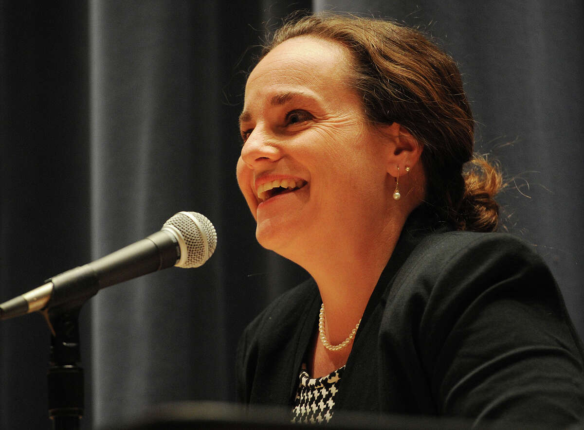 Michele Bialek participates in the first Shelton mayoral debate at Shelton Intermediate School in Shelton, Conn. on Monday, Oct. 19, 2015.