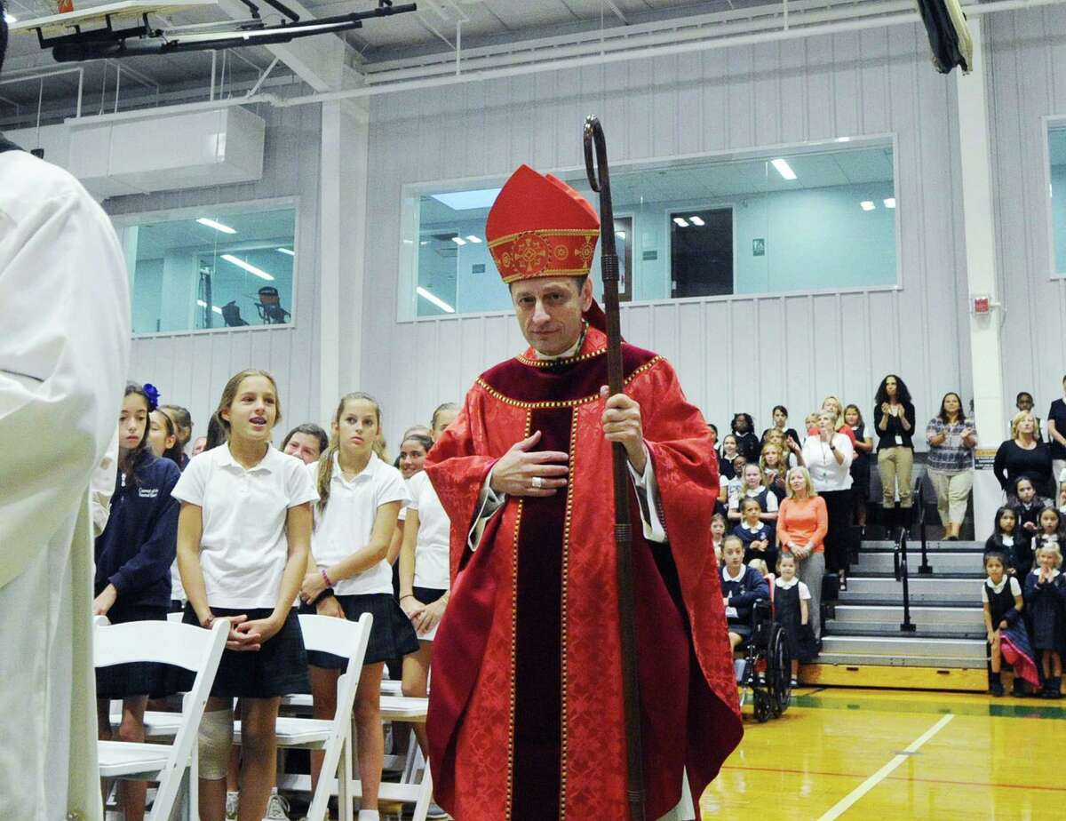 Bishop Frank Caggiano visited Convent of the Sacred Heart where he blessed the cornerstone of the school's new facility and lead the Mass of the Holy Spirit, the first Mass of the new school year, at the school in Greenwich, Conn., Wednesday, Sept. 30, 2015.