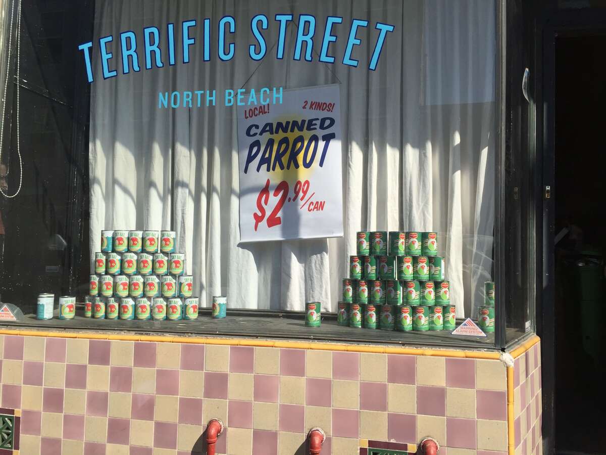 Canned parrot meat? An art installment in the window of a forthcoming North Beach store called Terrific Street is meant to spark the interest of passers-by.