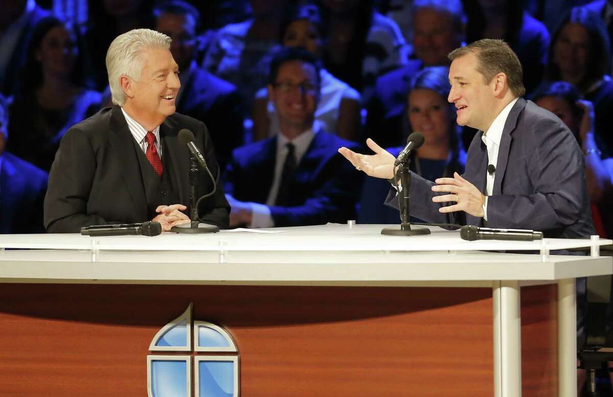 Pastor Jack Graham, left, interviews Republican presidential candidate Ted Cruz during a presidential forum hosted by the Faith & Freedom Coalition and the Prestonwood Baptist Church in Plano. A reader says Cruz and his supporters are concocting a negative mix of politics and religion.