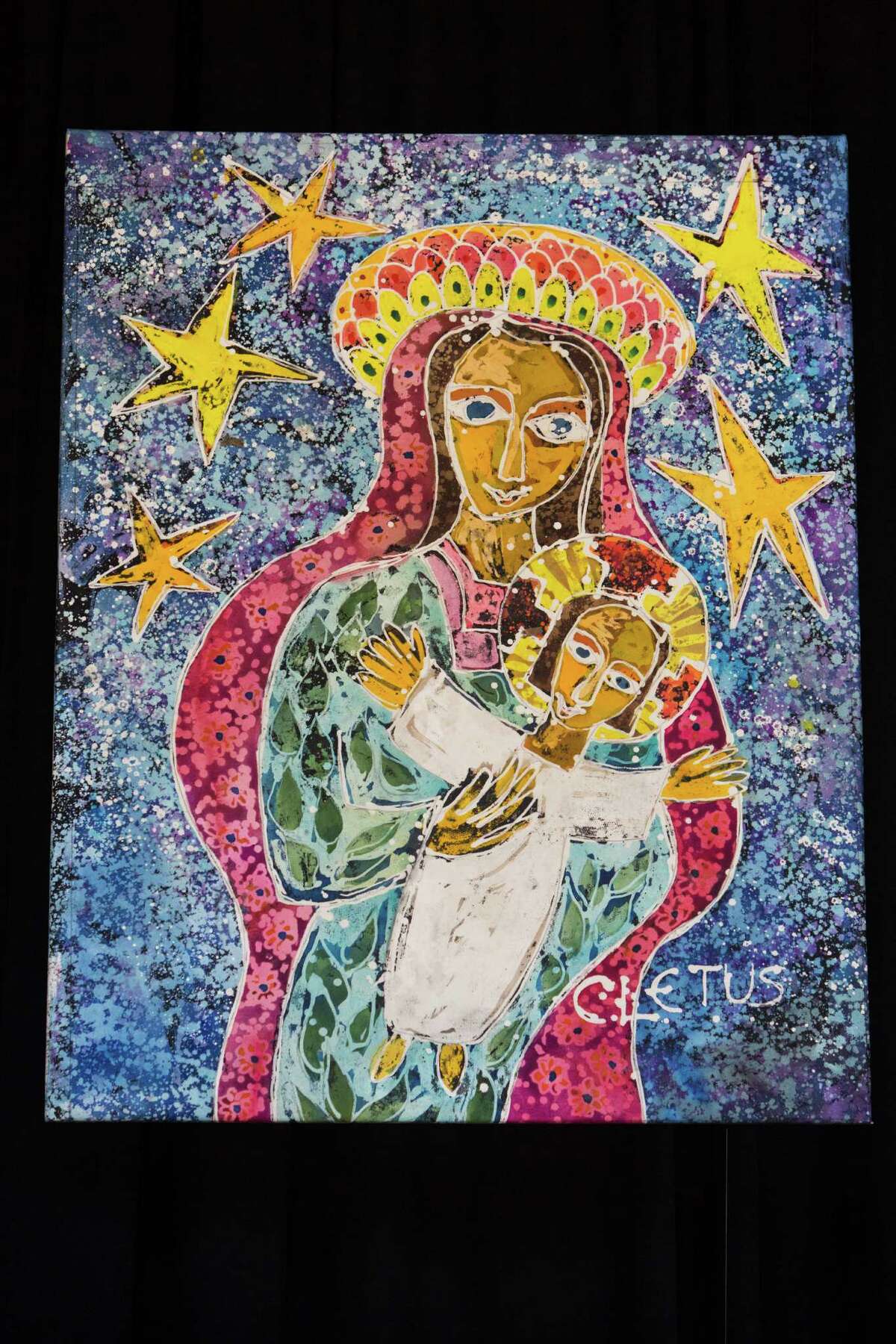 "Mother and Child" by Brother Cletus Behlmann sits on display at St. Mary's University President Mengler's home in San Antonio, Texas on October 6, 2015. St. Mary's students and San Antonio artists are showing works about the Saint John's Bible and the theme "Behold, Your Mother."