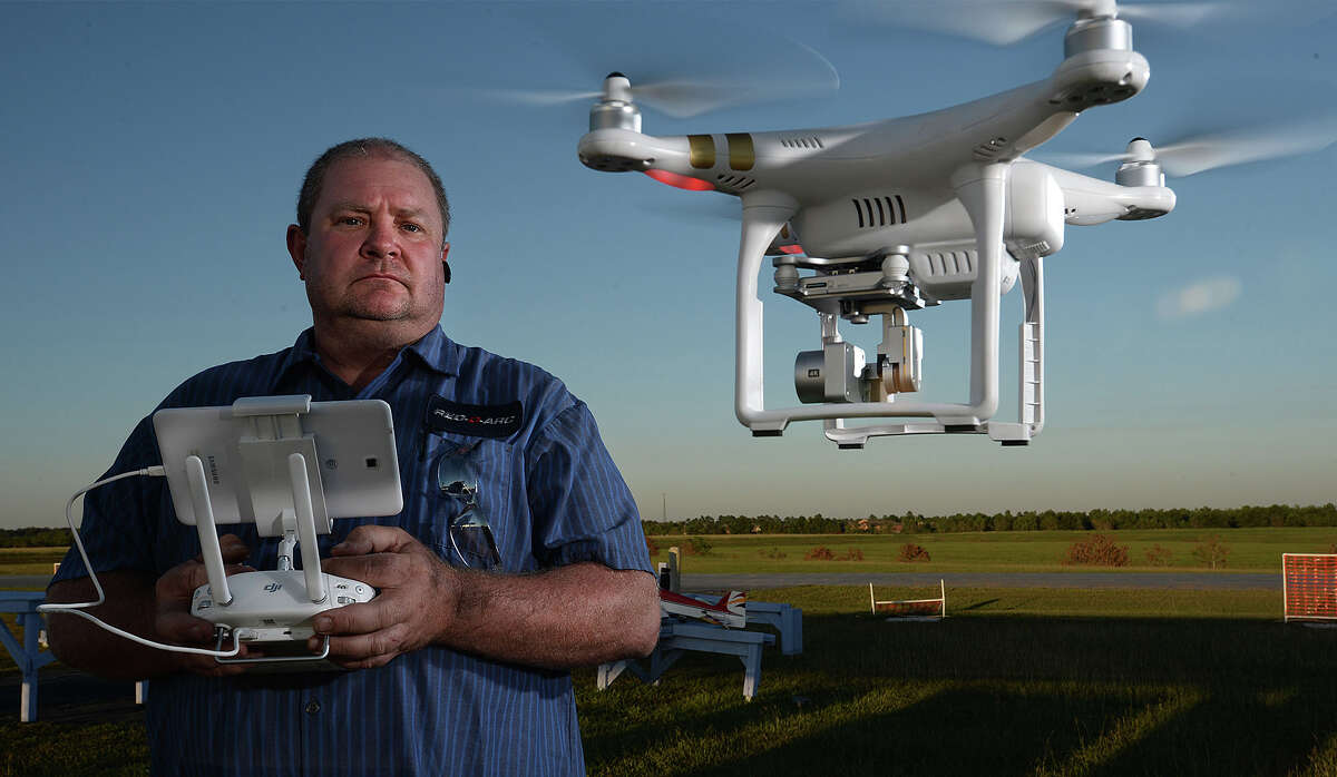 A radio control hobbyist, Chuck Nowell hovers a drone nearby at the Beaumont Radio Control Club on Wednesday. Photo taken Wednesday, October 14, 2015 Guiseppe Barranco/The Enterprise