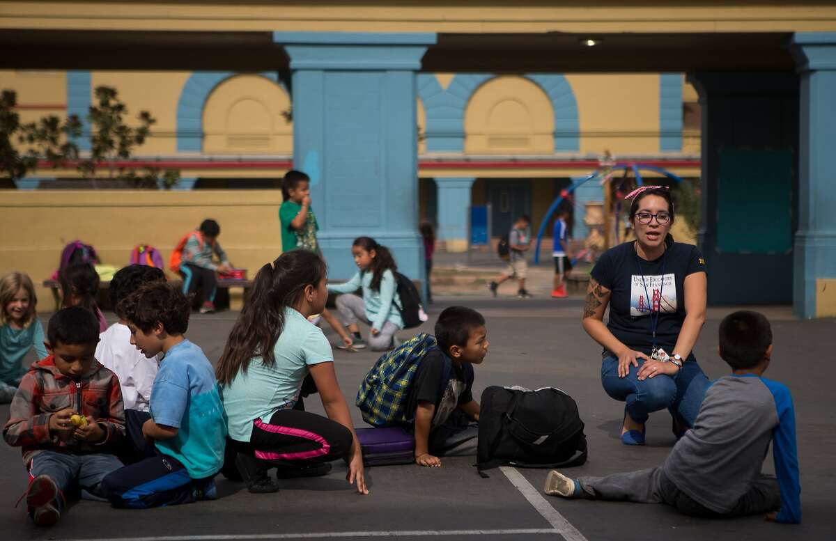 Maribel Chavez, a teacher at Buena Vista Horace Mann grade school in the Mission district, lines up her students after lunchtime recess on Friday, Oct. 23, 2015 in San Francisco, Calif.
