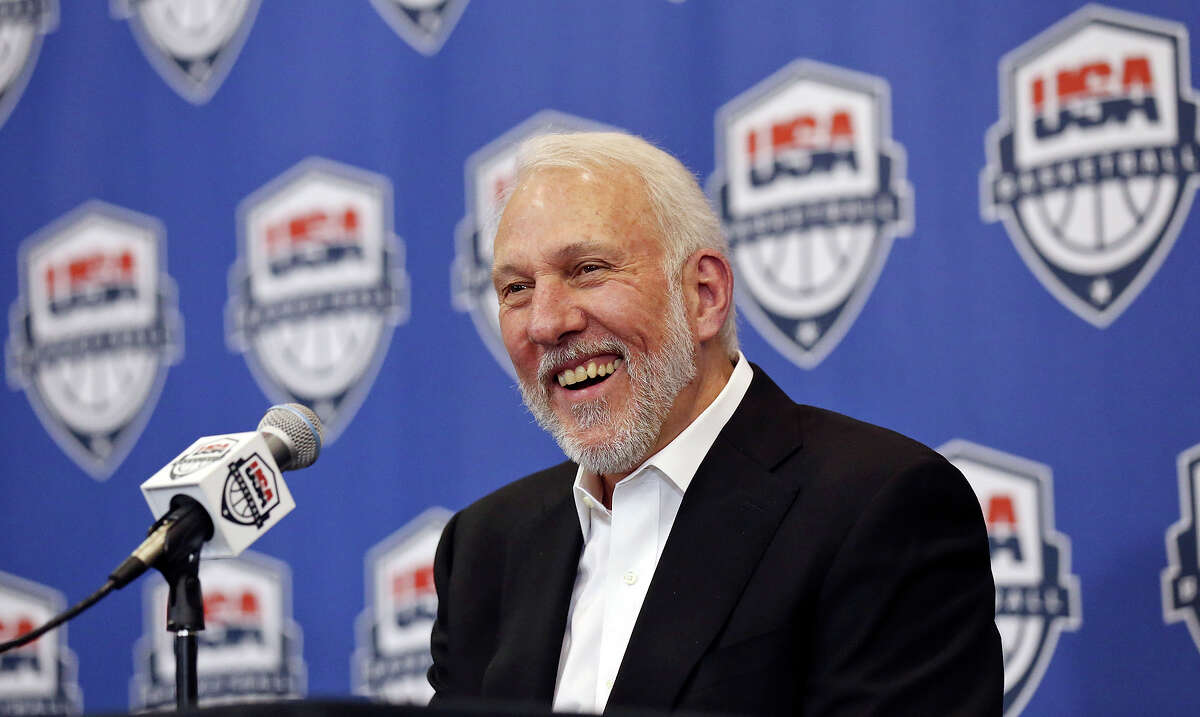 Spurs head coach Gregg Popovich is all smiles as he speaks during a press conference held Friday Oct. 23, 2015 at the Spurs practice facility. Popovich was named Team USA Coach for 2017-2020.