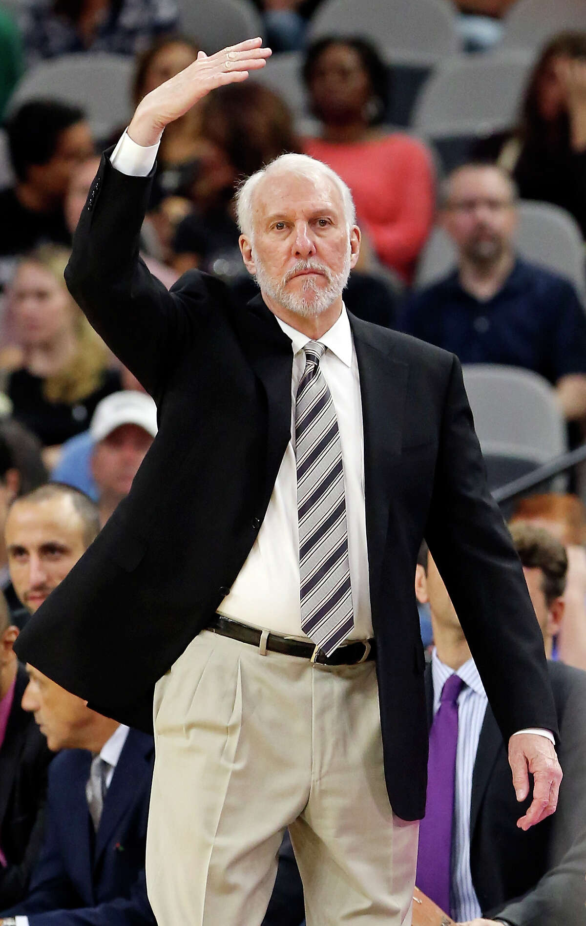 San Antonio Spurs head coach Gregg Popovich calls a play during second half action against the Houston Rockets Friday Oct. 23, 2015 at the AT&T Center. The Spurs won 111-86.