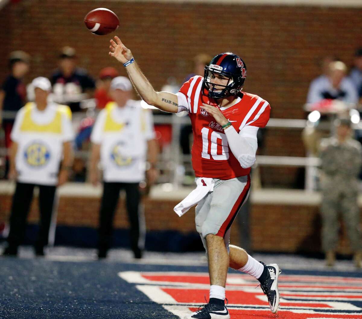 Mississippi quarterback Chad Kelly (10) passes against Texas A&M during the first half of an NCAA college football game in Oxford, Miss., Saturday, Oct. 24, 2015. (AP Photo/Rogelio V. Solis)