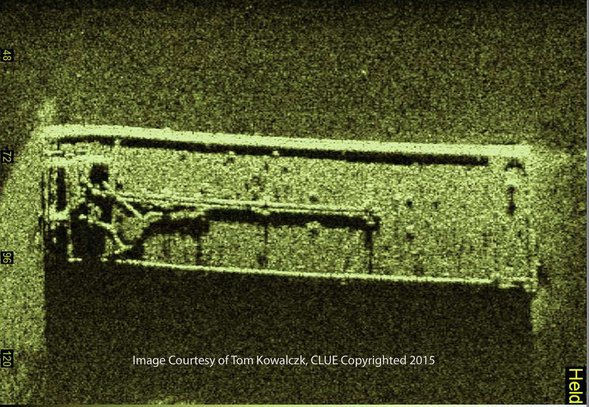 A side scan sonar took this image of a sunken barge in western Lake Erie that researchers believe is the Argo, a tanker barge that went down in a storm in 1937.