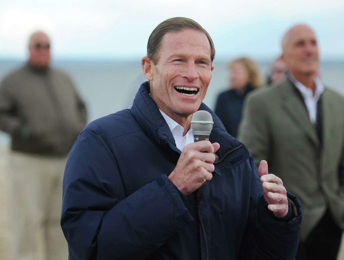 U.S. Sen. Richard Blumenthal speaks during the dedication of the Sue H. Baker Pavilion at the Old Barn at Greenwich Point Park in Old Greenwich.