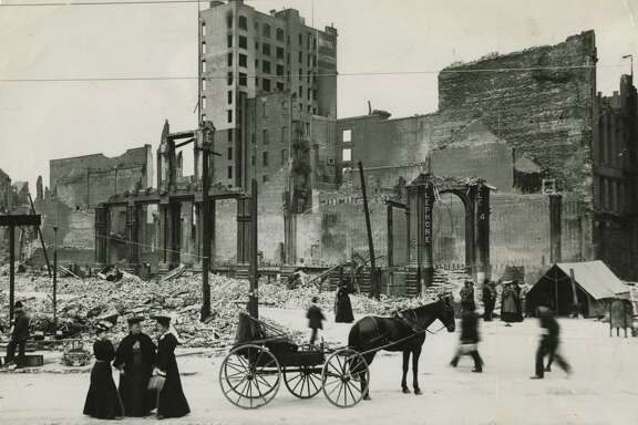 Damage near the Hamilton Hotel at 125 Ellis St. in San Francisco from the 1906 earthquake and fire.
