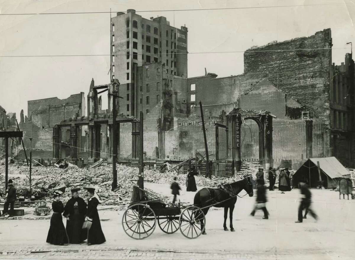 Damage near the Hamilton Hotel at 125 Ellis St. in San Francisco from the 1906 earthquake and fire.
