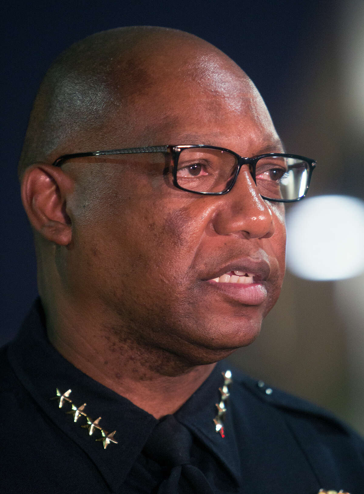 Houston Police Chief Charles McClelland addresses the media regarding the death of a police officer, Monday, May 18, 2015, in Houston. A driver fleeing from authorities struck and killed 47-year-old Richard Martin, who was placing spike strips on a road in the Memorial area, officials said. The driver of a carjacked minivan apparently intentionally rammed into Martin on Kirkwood near St. Mary's, just south of the Katy Freeway, the chief said. (Cody Duty / Houston Chronicle)