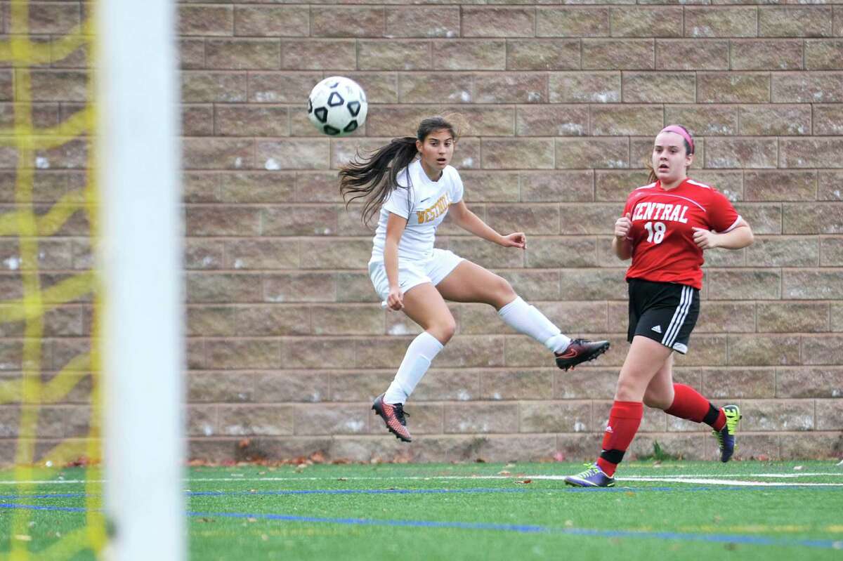 Maria Elizathe, of Westhill, shoots a screamer that sneaks into the back of the net for the games first goal against Bridgeport Central at Westhill High School on Tuesday afternoon, Oct. 27, 2015.