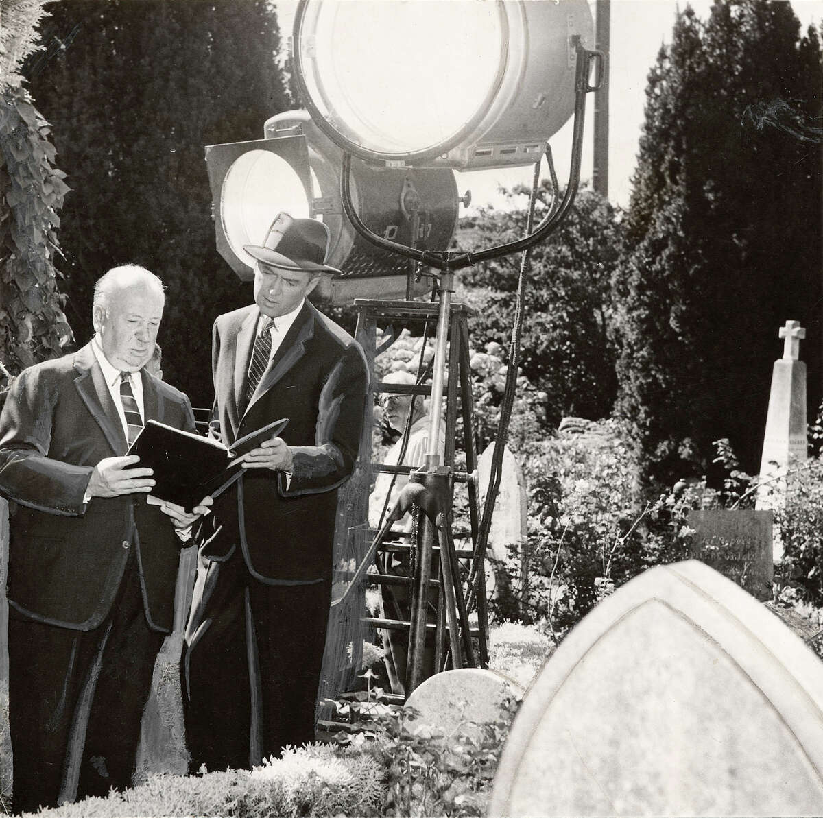 Alfred Hitchcock and James Stewart during the filming of 