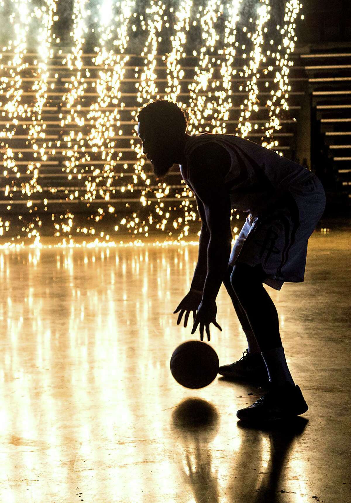 MVP runner-up James Harden, pictured during a September video shoot at Toyota Center, is among the NBA's brightest lights.