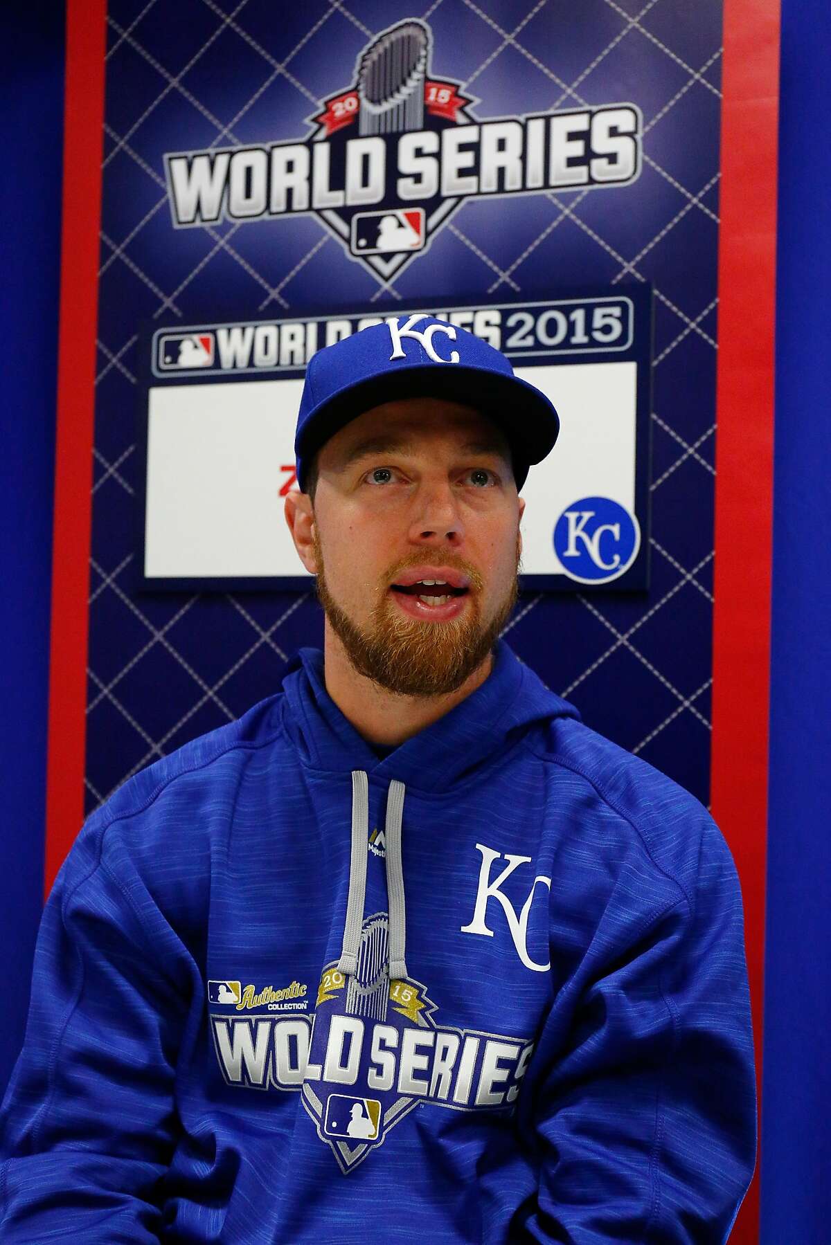 Ben Zobrist of the Kansas City Royals addresses the media the day before Game 1 of the 2015 World Series between the Royals and New York Mets at Kauffman Stadium on October 26, 2015 in Kansas City, Missouri.