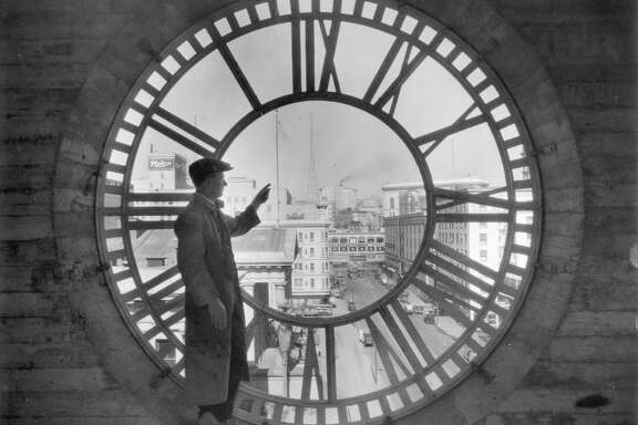 Looking northward through the dial of the historic Chronicle Clock in 1926.