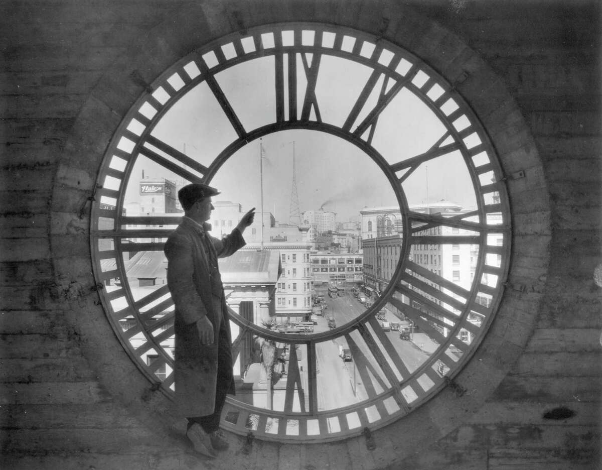 Looking northward through the dial of the historic Chronicle Clock in 1926.