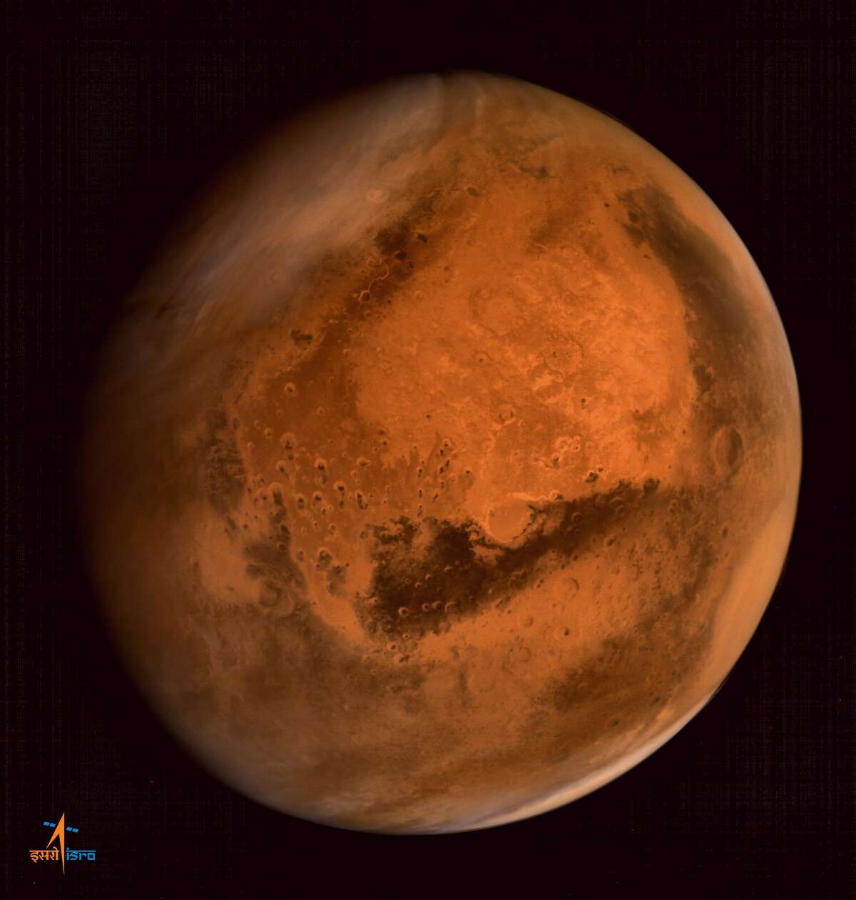 This file handout photograph received from the Indian Space Research Organisation (ISRO) on September 30, 2014, shows the planet Mars in an image taken by the ISRO Mars Orbiter Mission (MOM) spacecraft. A multi-billion-dollar robot dispatched to Mars to search for life must steer clear of promising "hot spots" for fear of spreading microbes from Earth, NASA project scientists said October 1, 2015. AFP PHOTO / ISRO