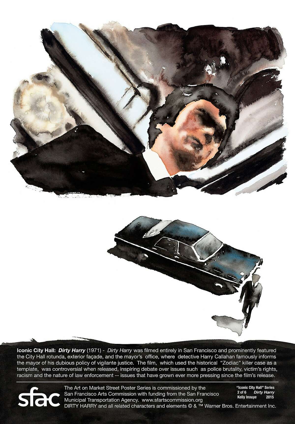Artist Kelly Inouye's watercolor image from the 1971 film "Dirty Harry" is part of her Market Street poster series celebrating the 100th anniversary of San Francisco City Hall. Credit: Courtesy San Francisco Arts Commission