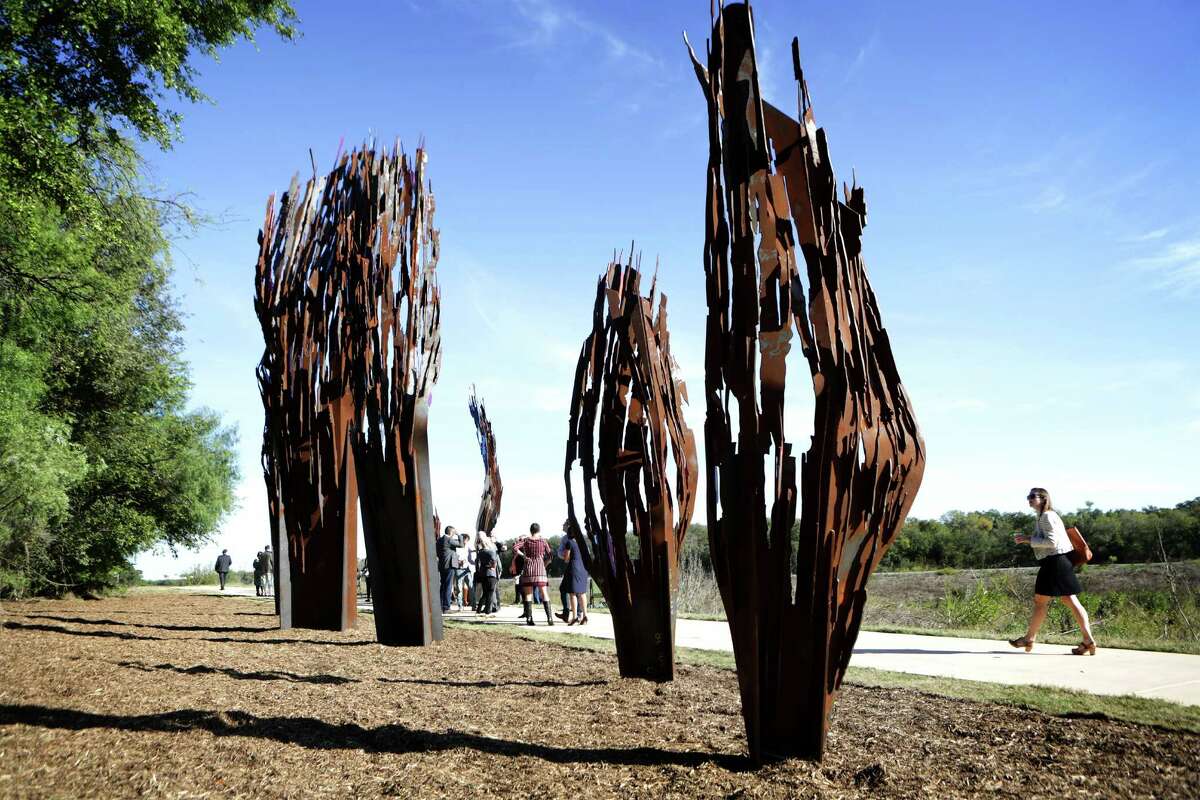 The San Antonio River Foundation and local leaders gathered along the Mission Reach of the San Antonio River to dedicate the art installation of "Whisper" by renowned Belgian artist Arne Quinze on Wednesday, Oct. 28, 2015. The piece, Quinze's first in the U.S., serves as a portal between the river and Mission San Juan Capistrano.