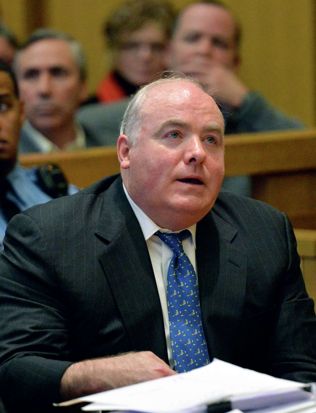 In this Nov. 21, 201,3 photo, Michael Skakel reacts to being granted bail during his bond hearing at state Superior Court in Stamford. Skakel was convicted in 2002 of the October 1975 murder of Martha Moxley, but a judge granted a new trial in 2013.