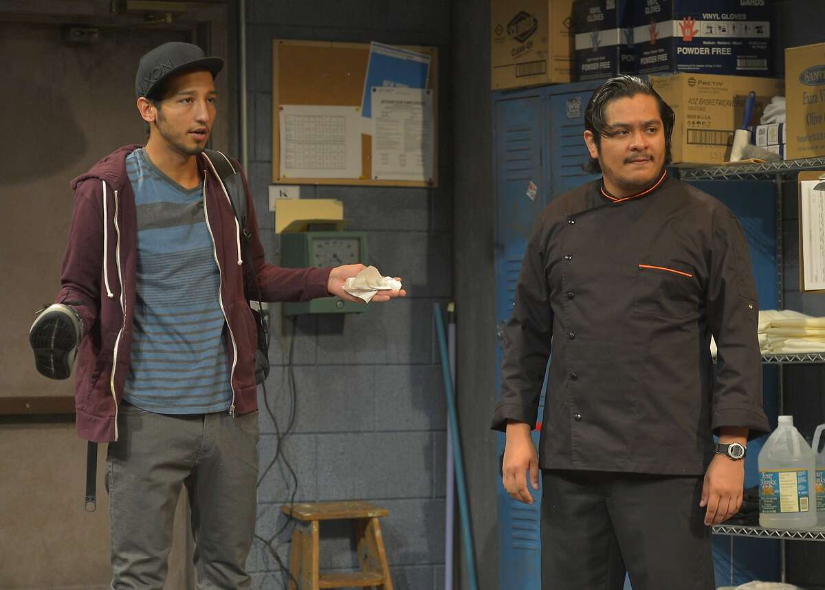 Whalid (Caleb Cabrera, left) and Pepe (Carlos Jose Gonzalez) worry about getting paid for their shift in Marin Theatre Company's "My Manana Comes" NOTE: Manana takes tilde over first n Aviles takes accent / over the e