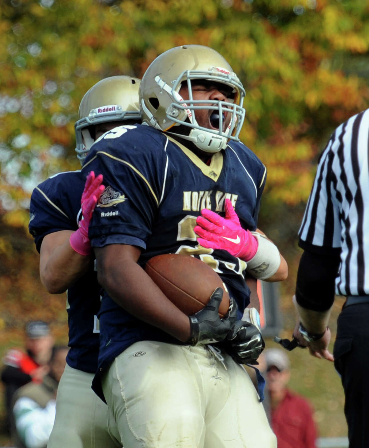 Notre Dame of Fairfield's Hakim Fleming yells out to celebrate a touchdown during high school football action against Joel Barlow in Fairfield, Conn. on Saturday October 31, 2015.