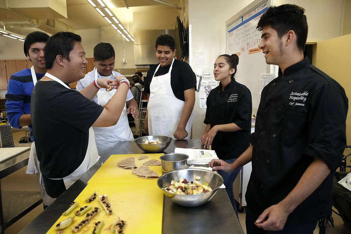 Mount Diablo High School students get pre instruction from team promoters Celeste Rios (black chef coat on right) and Daniel Hernandez (far right), 18 years old, at an after school program in Concord, Calif., on Thursday, October 29, 2015.