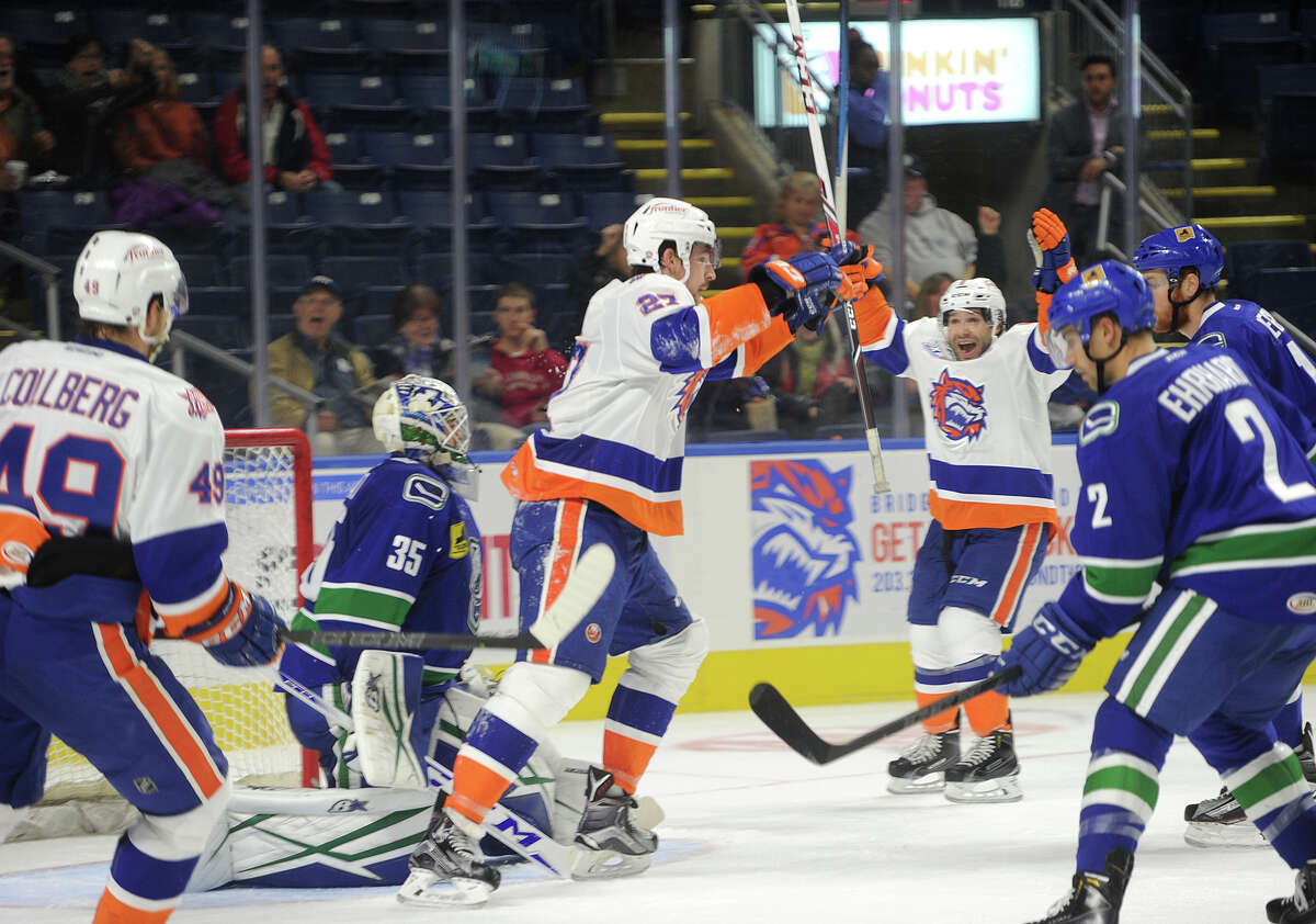Sound Tiger Justin Vaive celebrates after scoring a power play goal during the closing minutes of the second period of his team's AHL game with the Utica Comets at the Webster Bank Arena in Bridgeport, Conn. on Sunday, November 1, 2015.