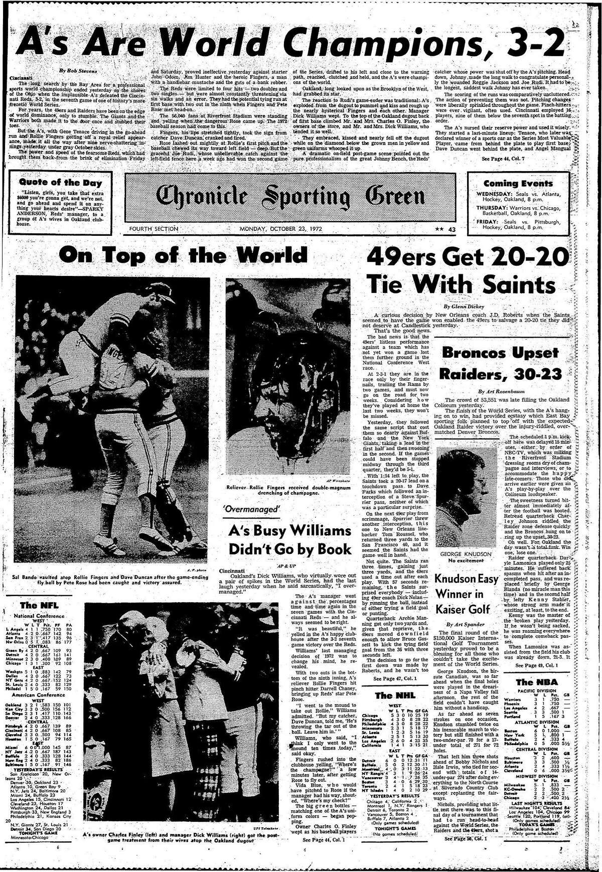 1972年世界职业棒球大赛奥克兰运动家队vs辛辛那提红人队历史纪事报头版，1972年10月23日