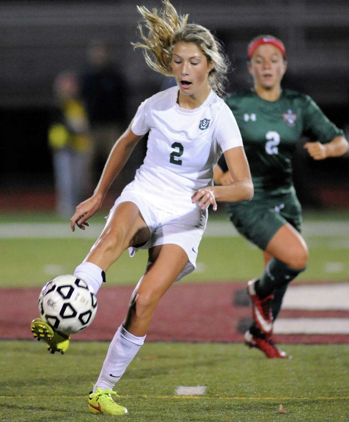 Schalmont's Sydnee Metzold brings the ball down the field during their Class B girls' regional soccer game against Marcellus on Tuesday Nov. 3, 2015 in Stillwater, N.Y. Shalmont won the contest 2-1. (Michael P. Farrell/Times Union)