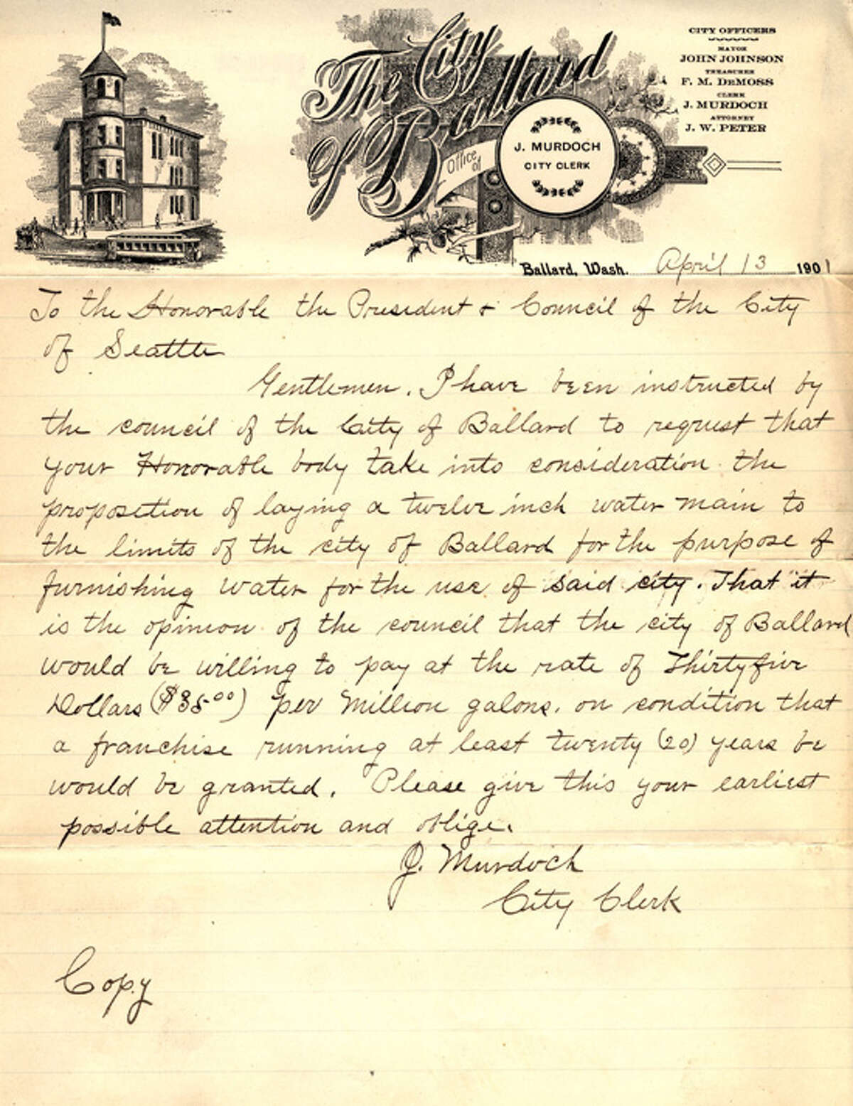 Ballard began to struggle as it grew, and water became one major hurdle. In 1901, the city sent this letter as its formal request that Seattle sell water to Ballard. The offered price was $35 per million gallons of water for 20 years. Box 1, Folder 35, City of Ballard City Clerk's Files (Record Series 9106-03), Seattle Municipal Archives