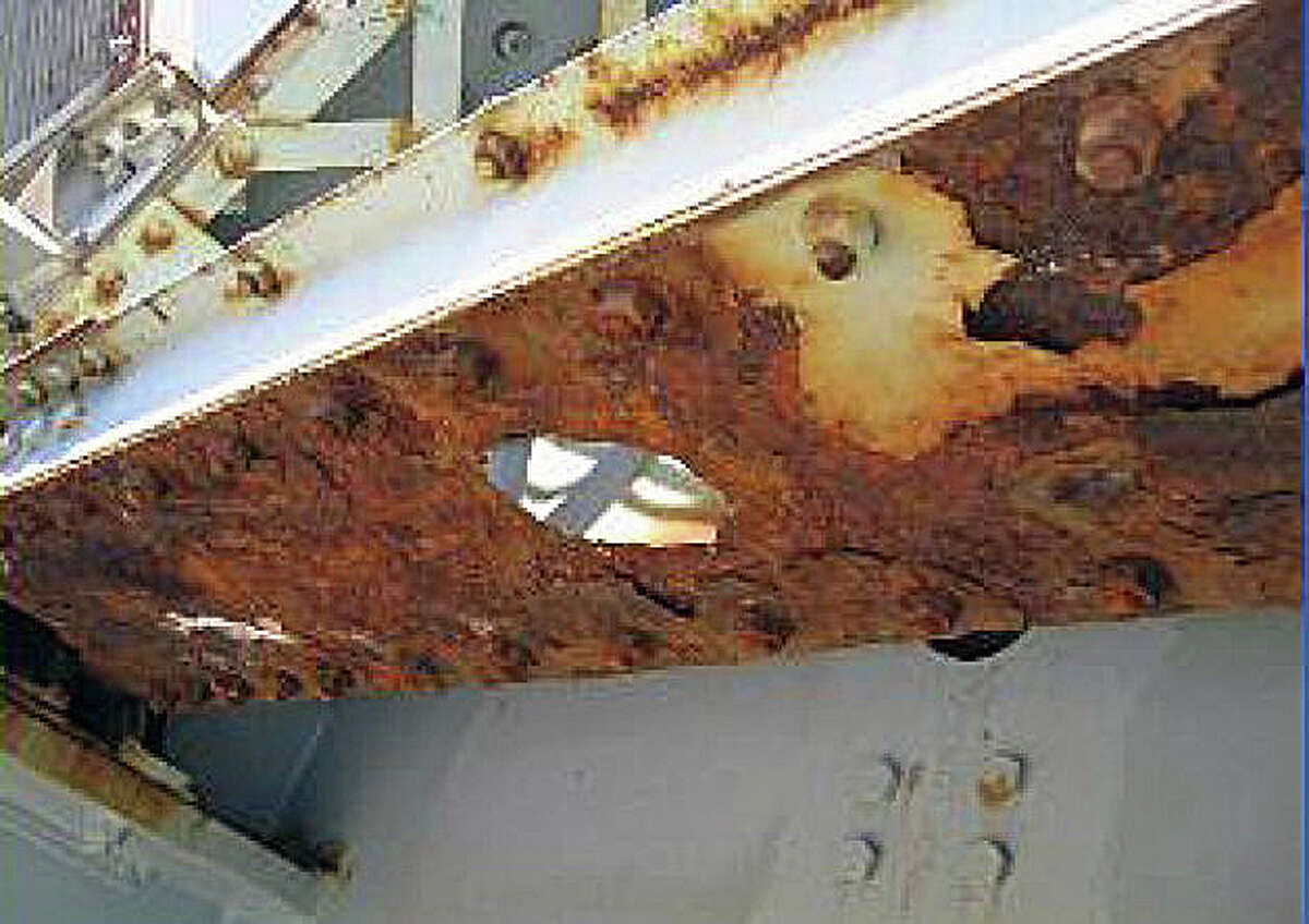 Rusting on elements of the Bridge Street bridge were photographed by state Department of Transportation officials who are studying the status of the swing span built in 1884.