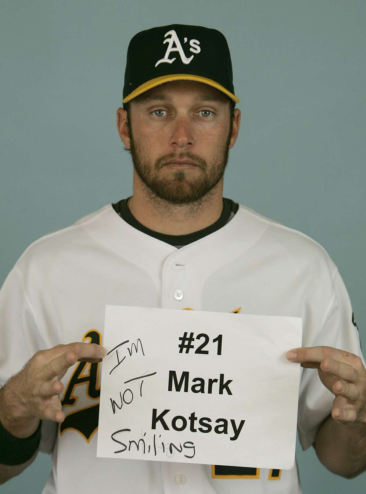 Oakland Athletics' outfielder Mark Kotsay holds up a name card saying he won't smile during picture day at spring training baseball in Phoenix, Saturday, Feb. 24, 2007. (AP Photo/Eric Risberg) Ran on: 03-08-2007 Mark Kotsay is scheduled to have surgery today for a back problem that has bothered him since 2003. Ran on: 03-08-2007 Mark Kotsay is scheduled to have surgery today for a back problem that has bothered him since 2003. Ran on: 03-08-2007 Ran on: 06-01-2007 Mark Kotsay returns to the A's today after having back surgery in March. Ran on: 06-01-2007 Mark Kotsay returns to the A's today after having back surgery in March. Ran on: 09-01-2007 Eric Chavez's shoulder has apparently been bugging him for a couple of years. _________________ Ran on: 09-01-2007 Eric Chavez's shoulder has apparently been bugging him for a couple of years. _________________ Ran on: 01-15-2008 Mark Kotsay says he'll always remember his Division Series against the Twins in 2006. Ran on: 01-15-2008