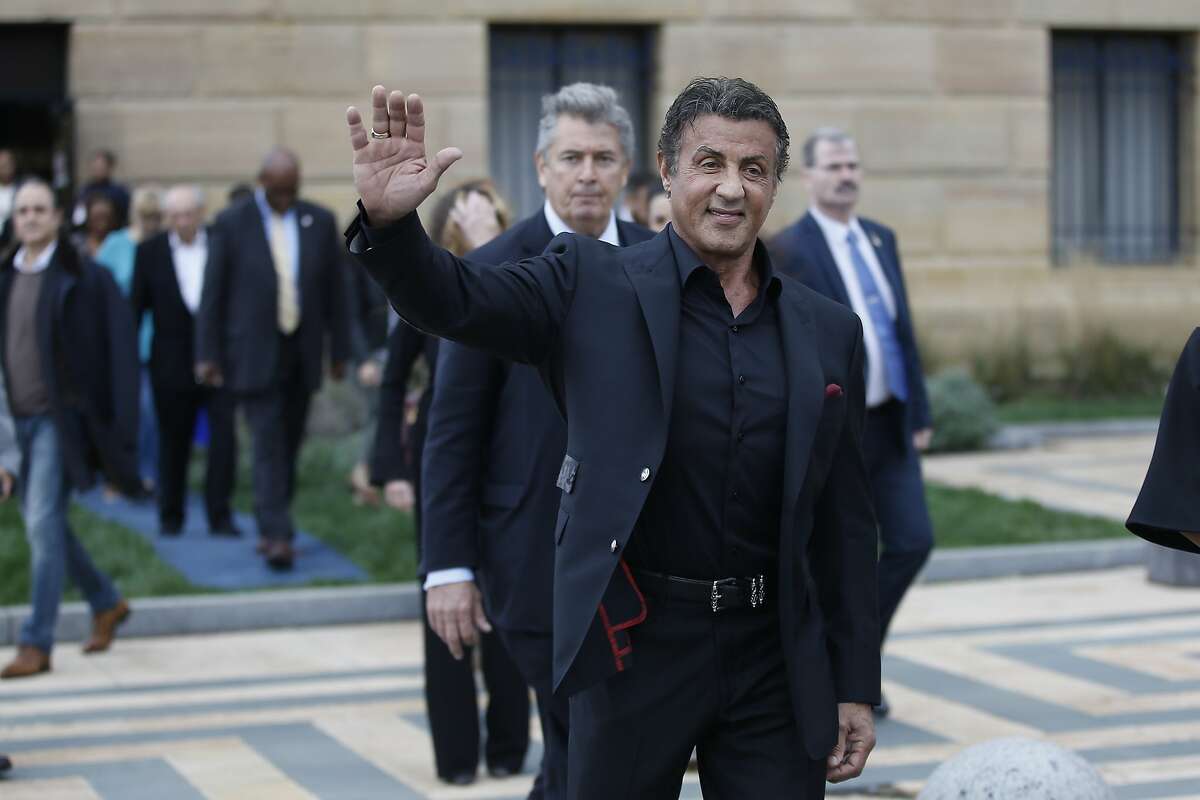 Actor Sylvester Stallone at a press conference promoting the film "Creed" outside the Philadelphia Museum of Art, Friday, Nov. 6, 2015, in Philadelphia. (AP Photo/Matt Slocum)