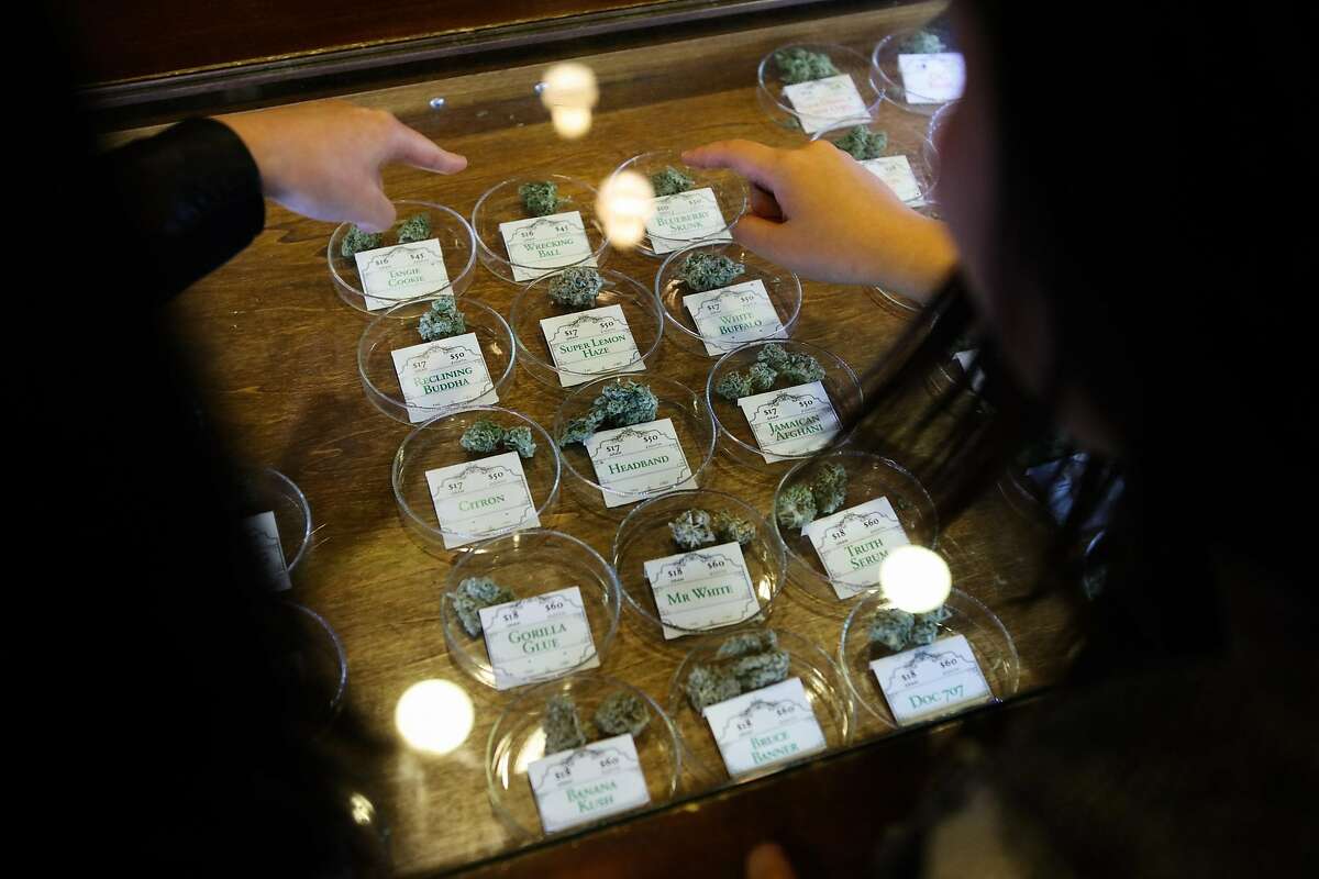 Monica Lo (right) and roommate Tiffany Wu (left), look at various strains of cannabis at their local dispensary on Post Street, in San Francisco, California on Friday, November 6, 2015. The duo are childhood friends who formed an organization called AsianAmericans for Cannabis, to help build support among the Asian community to support legalization.