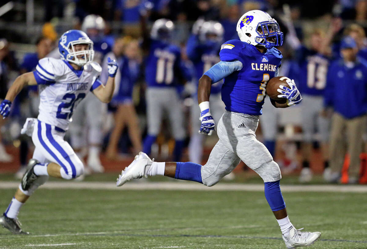 Darius Vandyke takes off to return the opening kickoff for a touchdown for the Buffaloes as Clemens hosts New Braunfels at Lehnhoff Stadium on November 6, 2015.